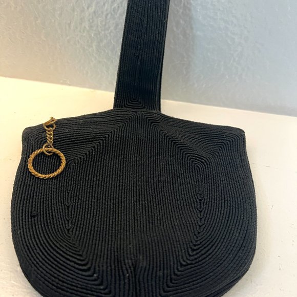 1940's Black Wristlet Purse - Small Boho Vintage - Cording Style Fabric - Picture 1 of 11